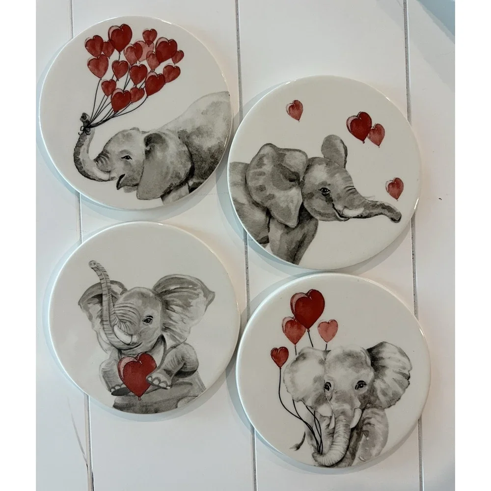 PIER 1-Elephants‎ Heart Balloons Ceramic Drink Coasters Set of 4 Animal-Love-